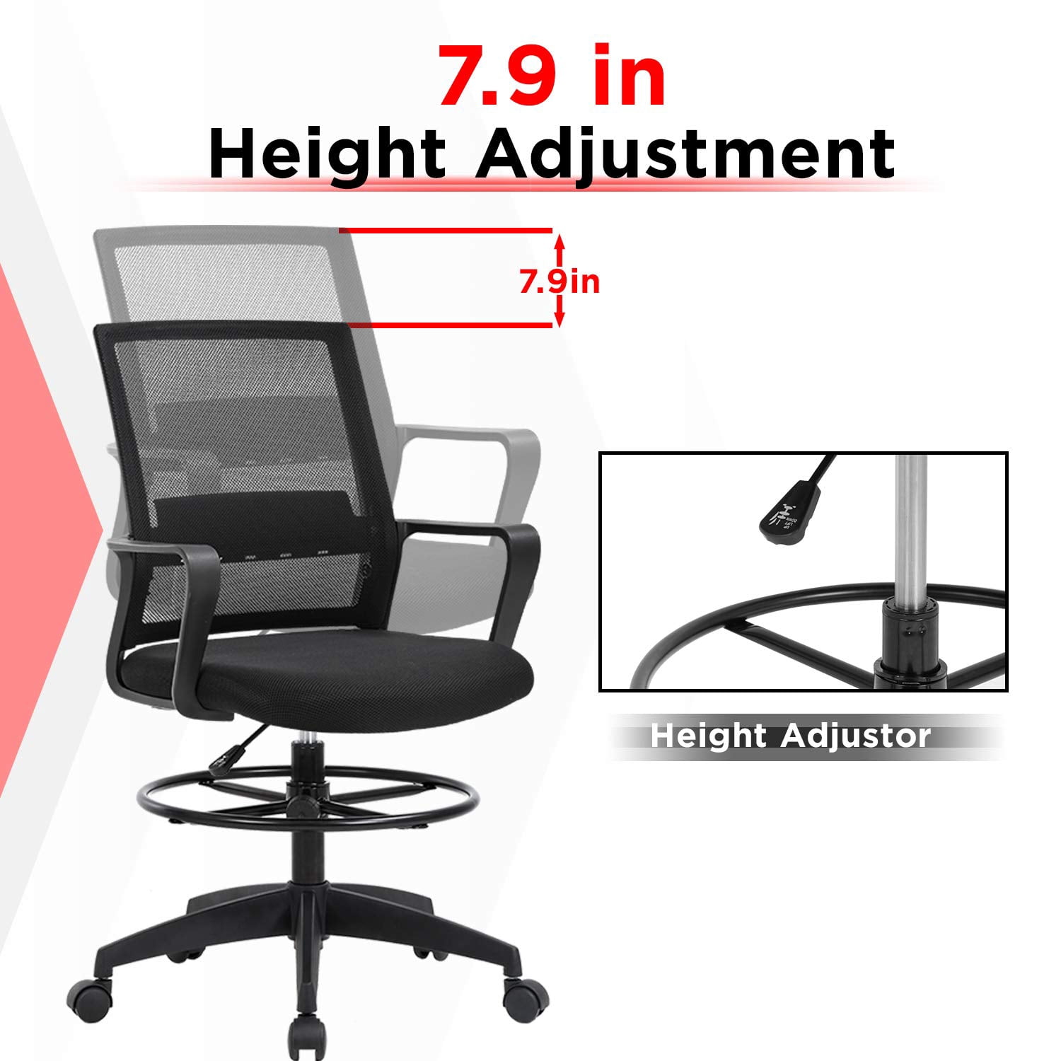 FDW Tall Adjustable Office Chair w/ Foot Ring, Ergonomic Mesh Mid-Back Desk Chair, Black