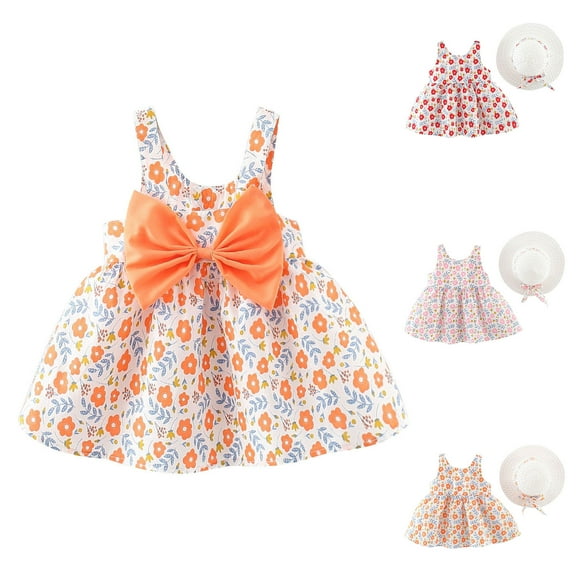 HVOBTTY Toddler's Soft Mini Slip Dress Dresses, Summer Dresses for Kid Girls' Comfy Casual Print Ruffled Hem Dress Puff Hem Stylish Versatile Daily Wear Sweet Dresses withHat Pink, 12-18 Months