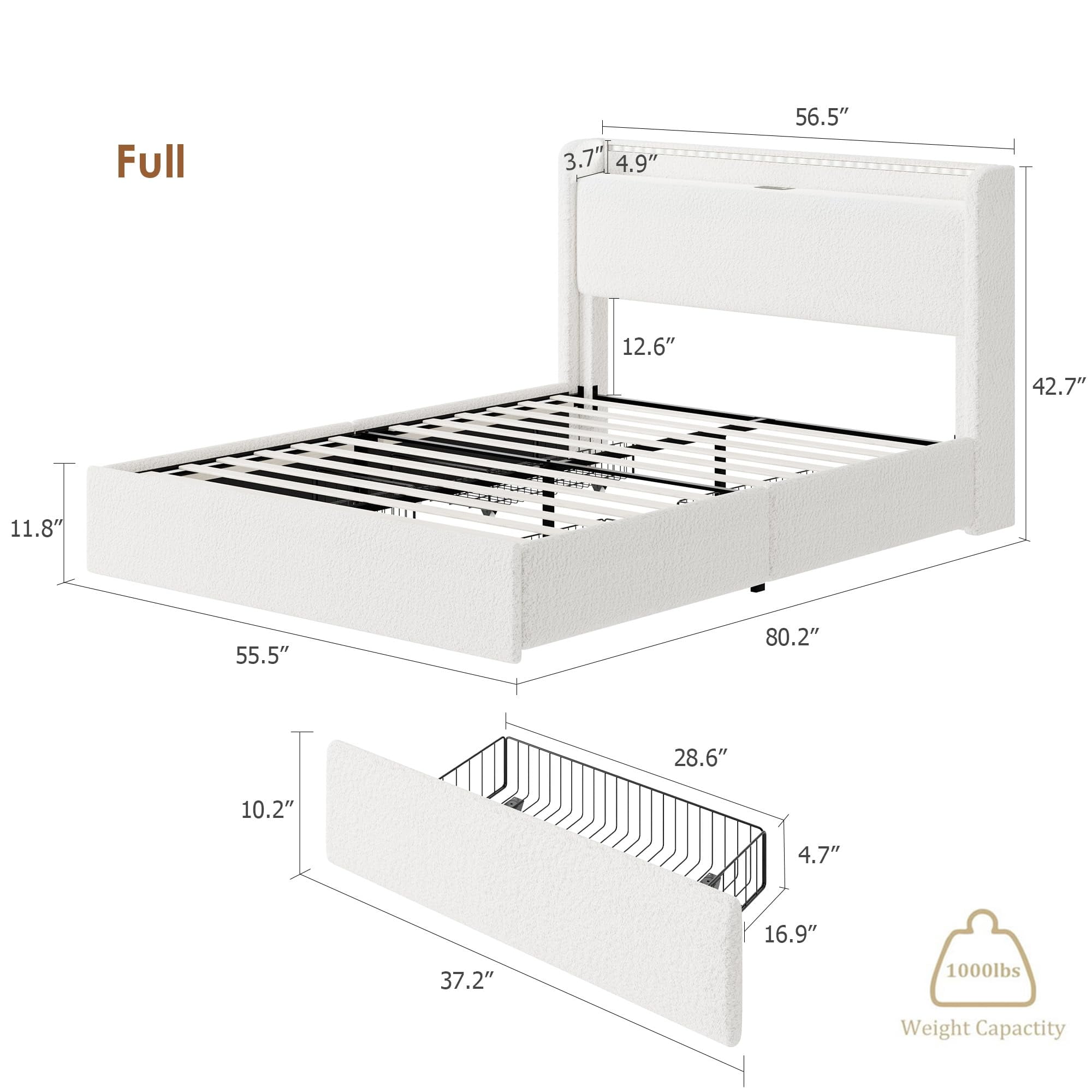 Full Size Upholstered Platform Bed Frame with LED Lights, Includes 4 Storage Drawers & Headboard with Charging Station, Solid Wood Slat Support, No Box Spring Needed, in White
