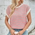 thumbnail image 4 of Elvqul Short Sleeve Tops Women Sweater Cotton Pullover Stripe Print Casual Red Crew Neck Tops, 4 of 7