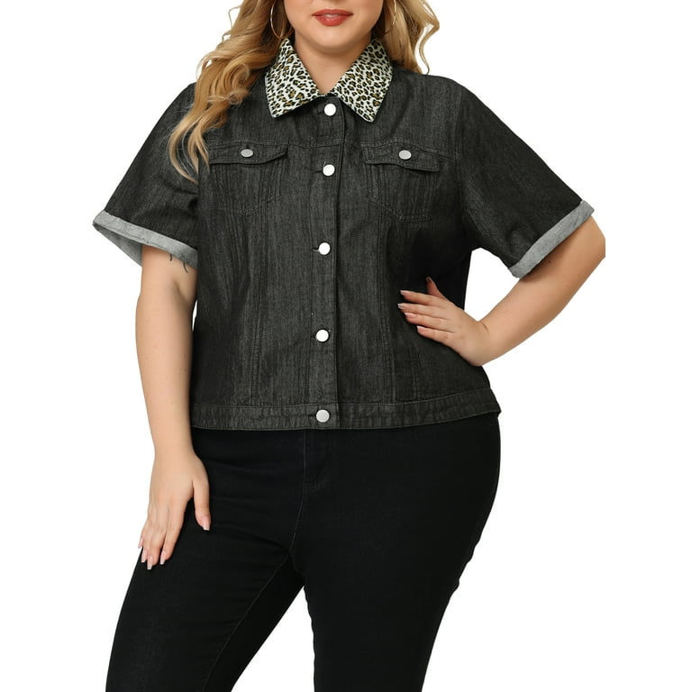 Agnes Orinda Juniors Plus Jean Vest Casual Leopard Collar Washed Denim Jackets