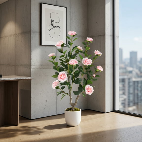 Topcobe 36 Inch Artificial Camellia Tree with Blooming Flower, Artificial Trees for Home Decor Indoor Outdoor, 2 Pack - Pink