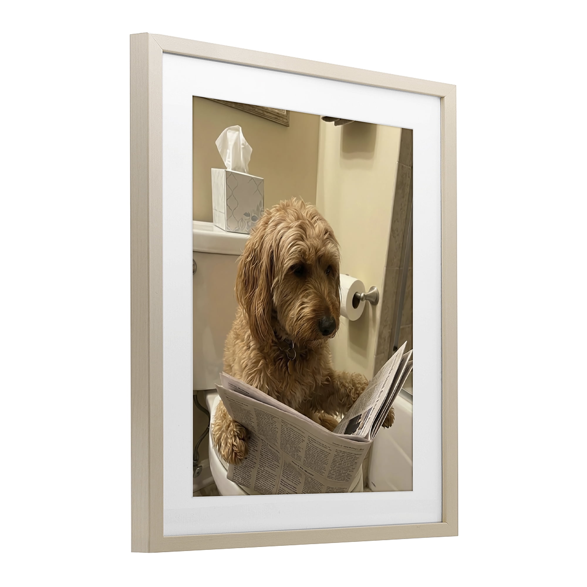 Stupell Industries Dog & Paper on Toilet Birch Framed Print Under Glass, design by Abigail Walker
