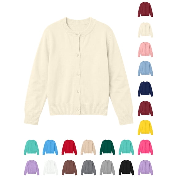 Xaqiouau Little Girls Button Down Cardigan Sweater Crew Neck Long Sleeve Knitted Solid Color Casual Coat Fall Winter School Daily Wear Beige 6-7Years