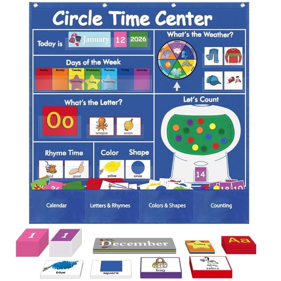 Godery Circle Time Learning Center Pocket Chart, Educational Pocket Chart Learning Calendar Weather Letter Counting Rhyme Color Shape Blue