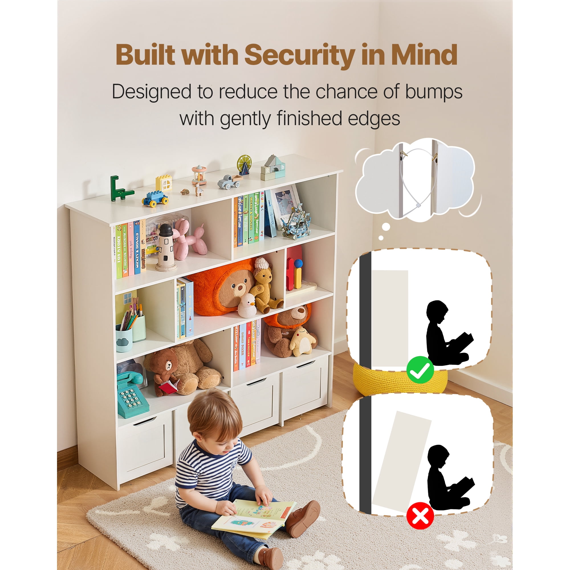 KFFKFF Wooden Kids Storage Organizer with Bookshelf, Toy Cabinet Featuring 4 Movable Drawers, Ideal for Bedroom, Nursery, Living Room, Entryway, or Preschool, White