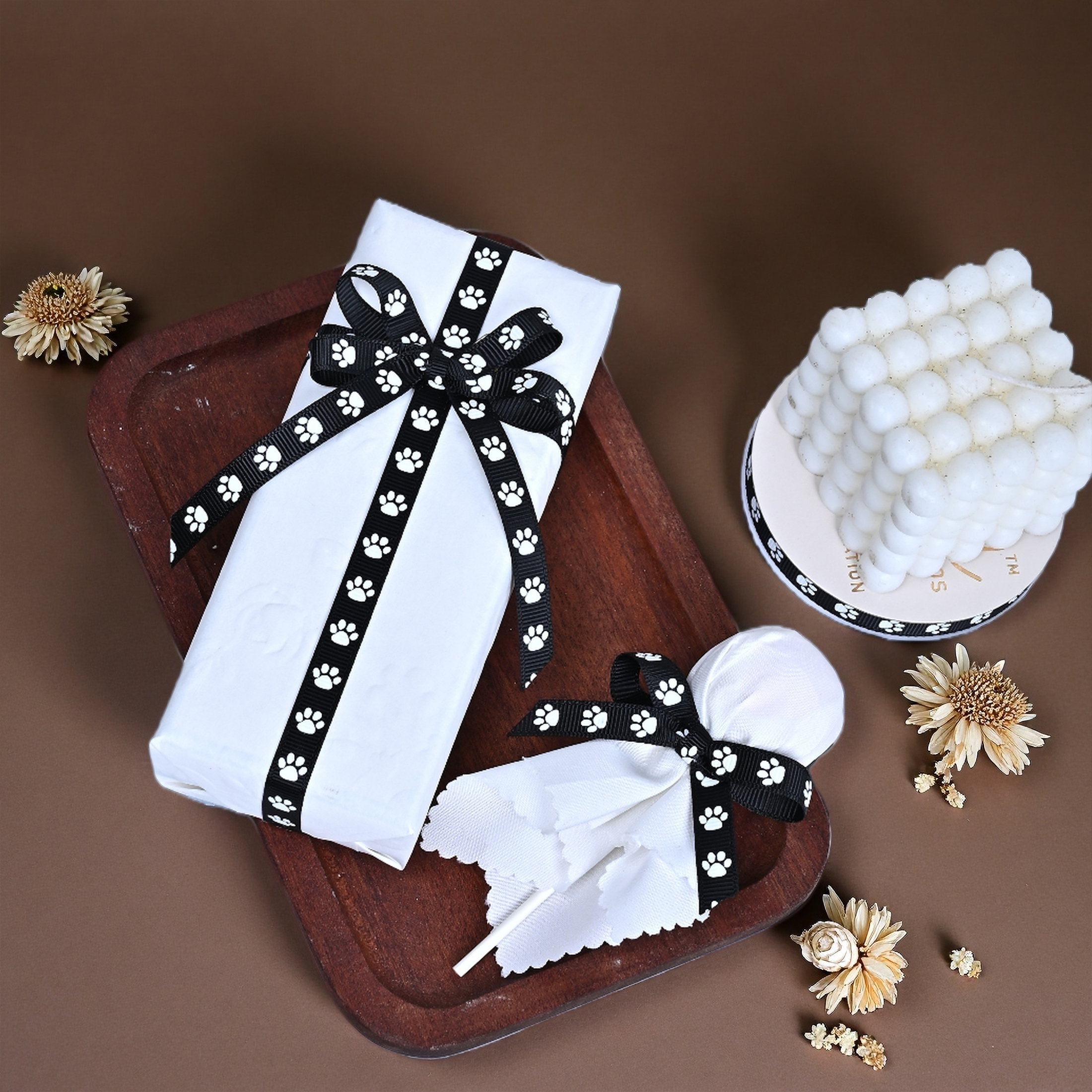 Gwen Studios 3/8" White Paws on Black Grosgrain Ribbon, 7 yards