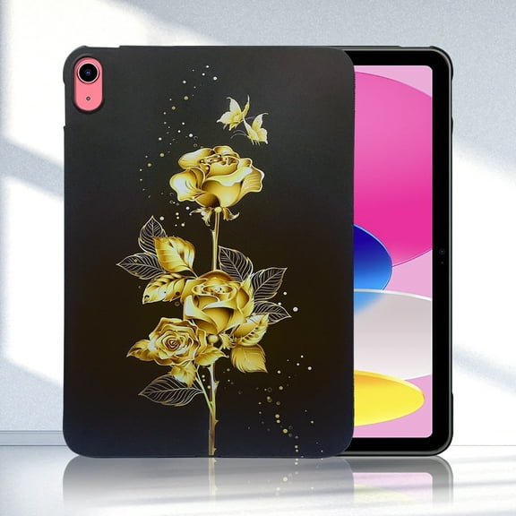 for iPad 10th Gen 10.9" 2022 Floral Pattern Case, Luxury Ultra Slim Flexible Lightweight Anti-Fingerprint Drop Protective Heat Dissipation with Soft TPU Back Cover, Gold Butterfly Rose