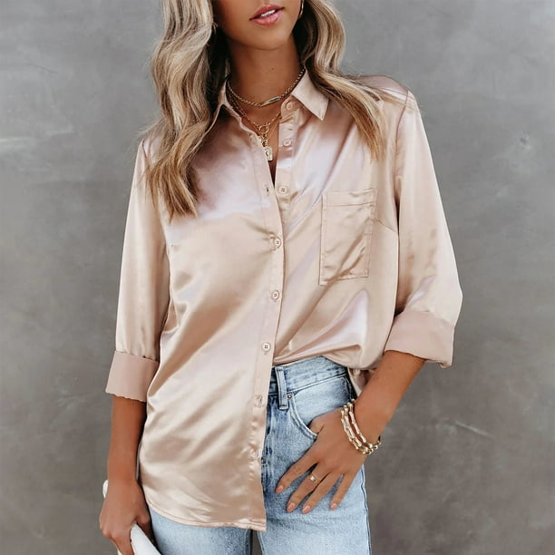 Puntoco Mujeres Suelto Casual Manga Larga Sólido Turn Down Collar Casual Blusa Camiseta tops Puntoco Puntoco-5822