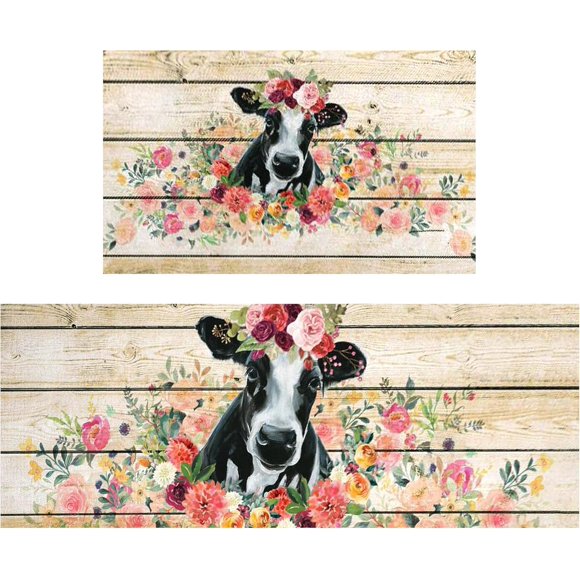 Cow Print Rugs for Kitchen Floor, Farmhouse Kitchen Mats Cushioned Anti Fatigue 2 Piece Set, Kitchen Mat Set of 2 and Kitchen Rug Washable for Home Kitchen Decor 17"x30"+17"x47"