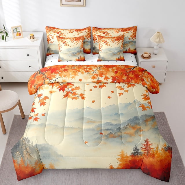 Fall Leaves Bedding Set 7 Pieces King Watercolor Mountain Comforter,Ink Painting Print Bed In A Bag for Woman Men Kids Hand Drawn Pattern Comforter Set With Sheet,Yellow