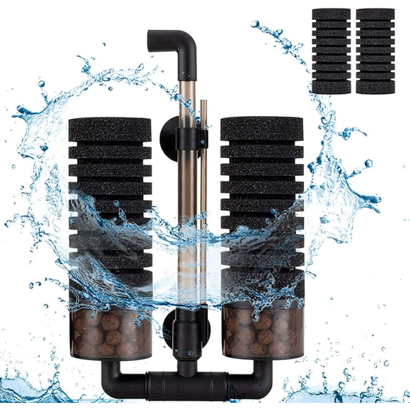 Sponge Filter, Aquarium Filter Double Sponge Replaceable Media with 4 Biochemical Sponges and 1 Bag of Filtered Ceramic Balls Ultra Quiet Filter Fish Tank (S/M) (M for 15 to 55 Gallon Tank)
