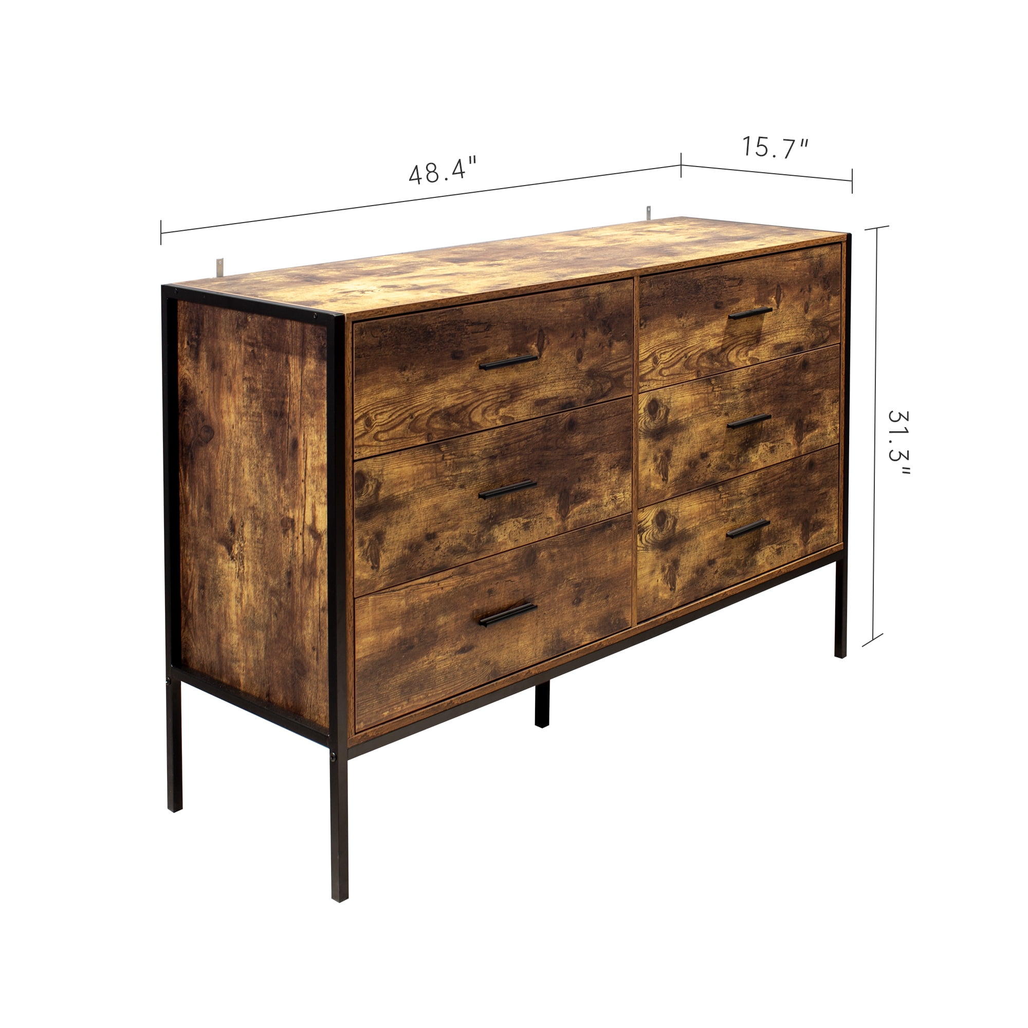 HOQBN 6 Drawer Dresser,Wood Storage Dresser Clothes Organizer with Steel Frame,Chest of Drawers Storage Cabinet for Bedroom,Living Room,Rustic Brown
