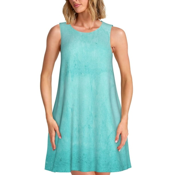 Fotbe Blue And Turquoise Vestido de Verano sin Mangas para Mujer – Vestido Midi Línea A, Estilo Camiseta Floral, Vestido Playero Casual y Fluido