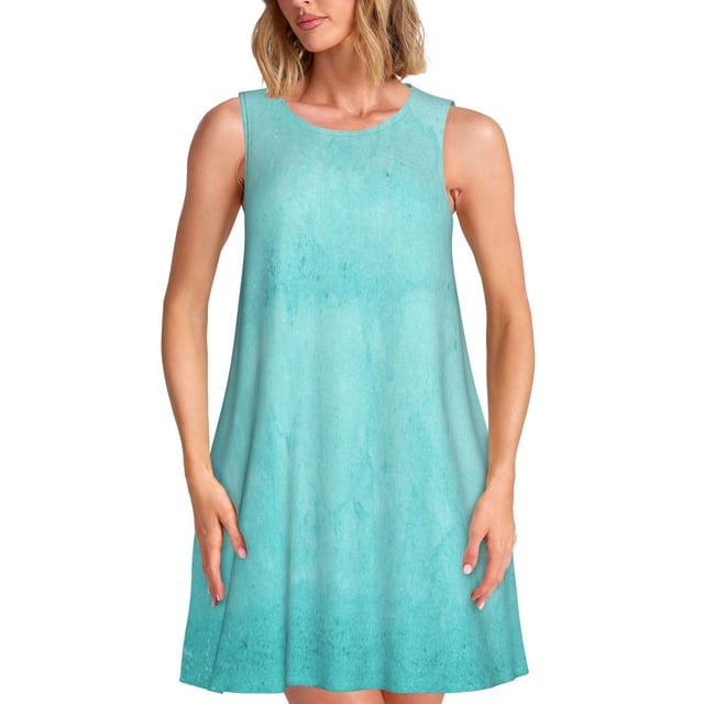 Fotbe Blue And Turquoise Vestido de Verano sin Mangas para Mujer – Vestido Midi Línea A, Estilo Camiseta Floral, Vestido Playero Casual y Fluido