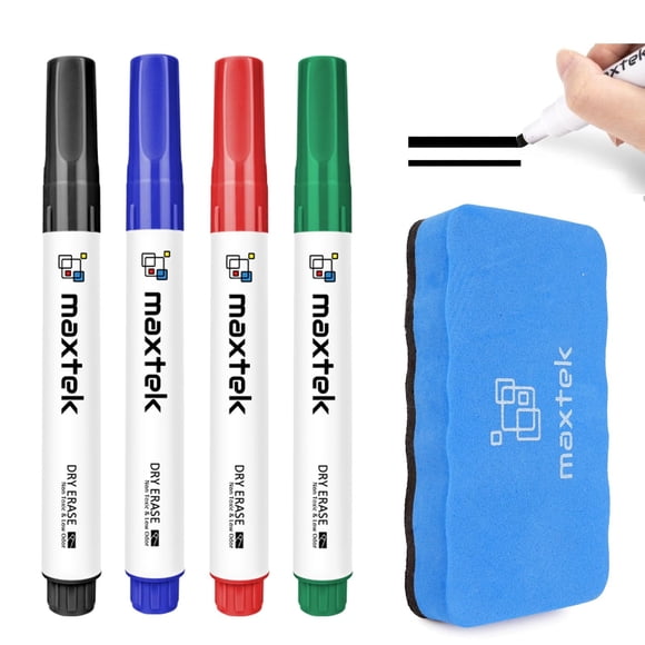 Marcadores de borrado en seco Maxtek de bajo olor, punta cincelada, 4 colores y goma de borrar