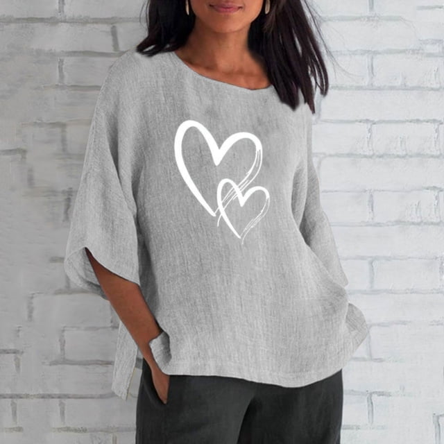 SMihono Hauts pour Femmes Été Mode Décontractée Femmes Manches Trois-Quarts Col Rond Coton Lin Imprimé Hauts Unis Blouse T-shirt Oversize pour Femmes 2023