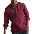 thumbnail image 2 of Men Henley T Shirts Casual Long Sleeve Button Linen V Neck Winter Loose Tops, 2 of 3