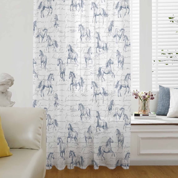 Blue Horse Semi Sheer Curtains Drapes for Living Room, Bedroom, French Doors Window 63 Inches Long, Watercolor Vintage Animals Rod Pocket Chiffon Curtain Drapery Voile Draperies Panel