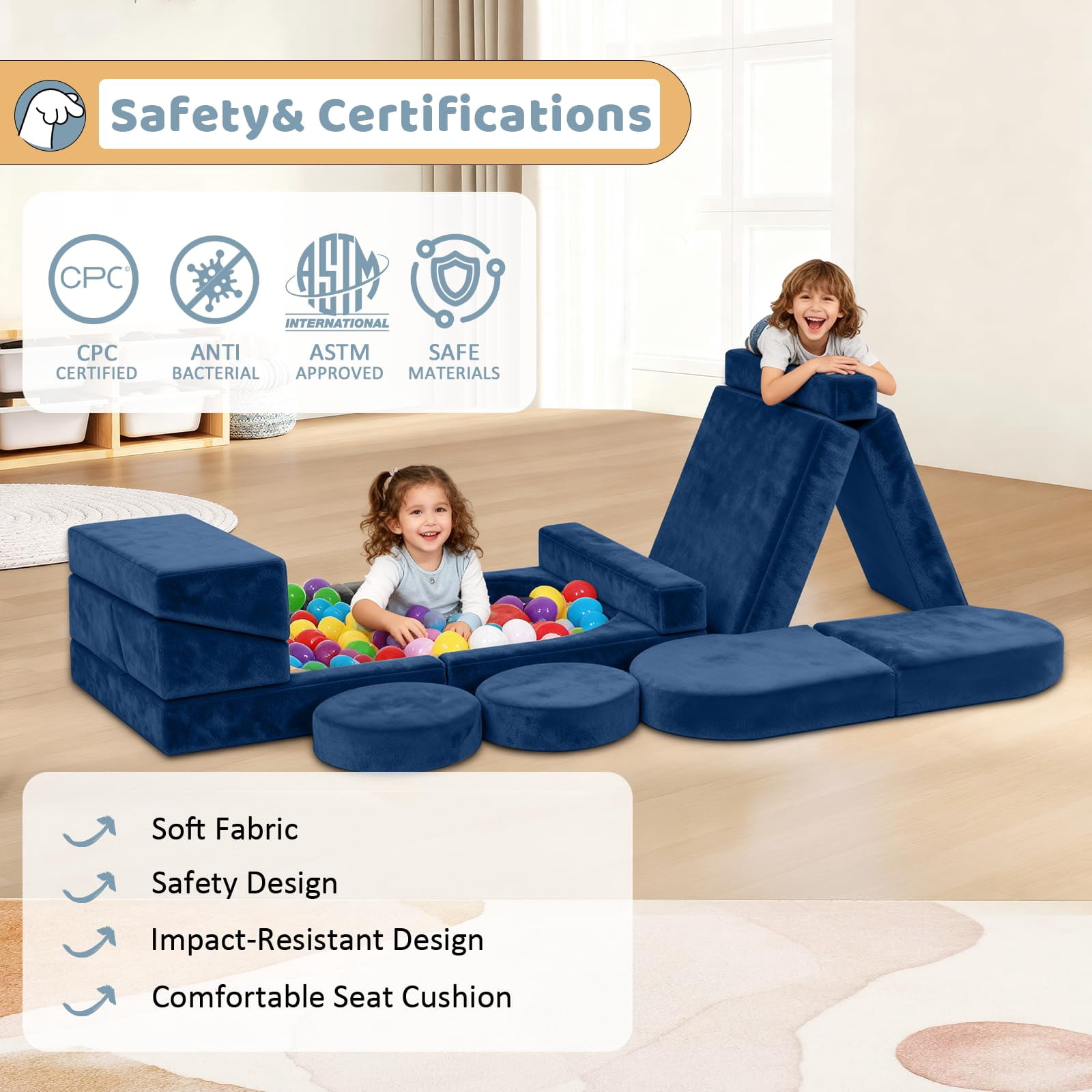 Modular Kids Play Couch, 12Pcs Kids Sofa for Playroom Bedroom Living Rooms Toddler Sofa for Inspiring Child Creativity, Children Creative Convertible Foam Sofa, Blue