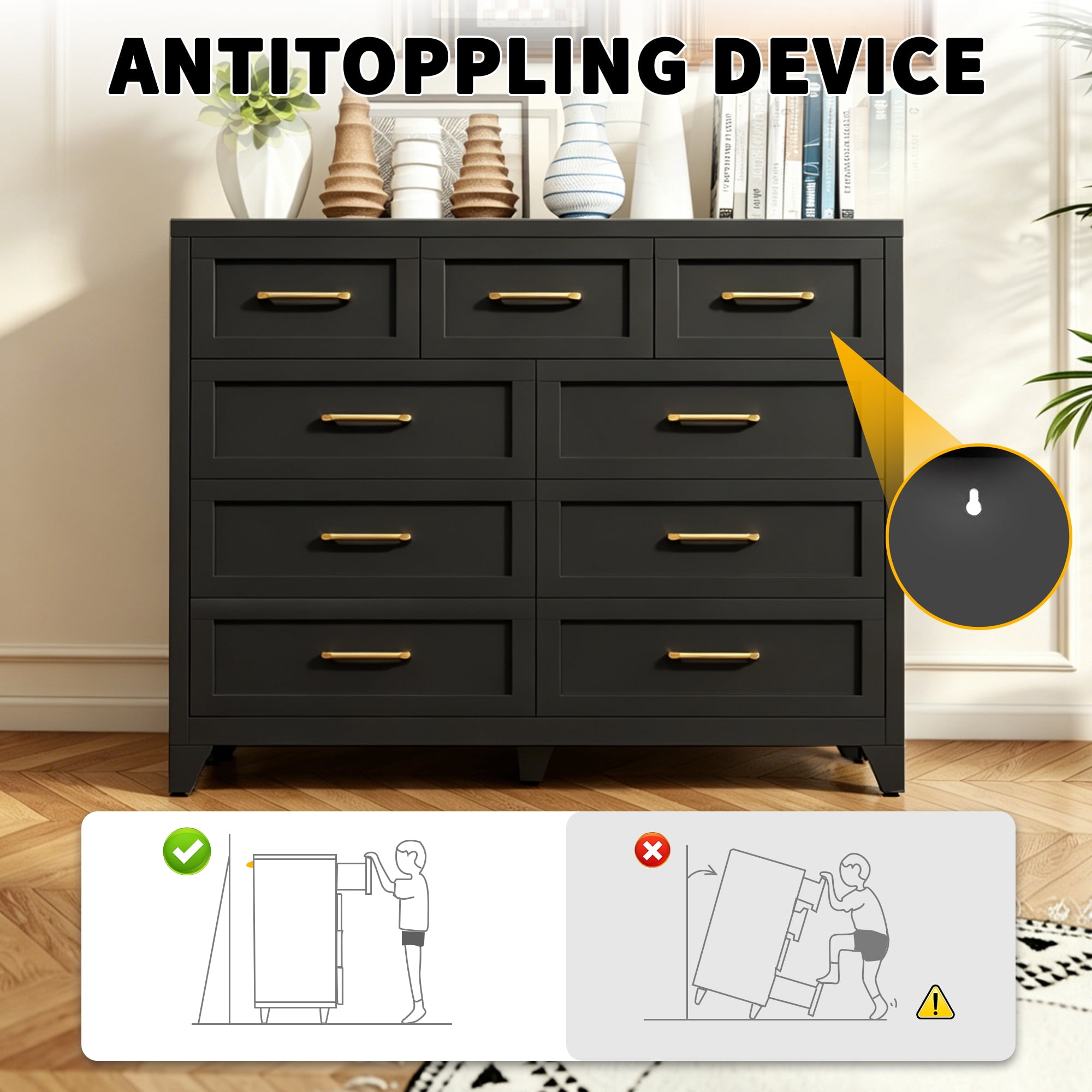 ShiKeyi 9 Drawer Dresser for Bedroom, Modern Metal Wide Storage Chest with Metal Handles and Legs, Black