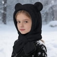 thumbnail image 2 of lnmuld Solid Kids Bear Ear Plush Hat Scarf Integrated Tie Neck Warm Winter Headwear for Boys Girls Black,3-4 Years, 2 of 7