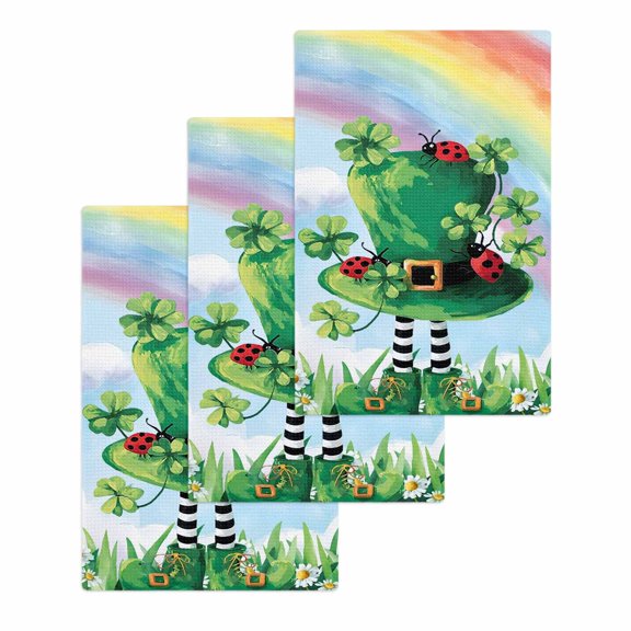 St. Patrick's Day Kitchen Dish Towels for Drying Dishes Set of 3, Green Shamrock Hat Ladybirds Daisy Rainbow Waffle Weave Microfiber Hand Tea Bathroom Towels Quick Dry & Absorbent Towel 15.7x23.6