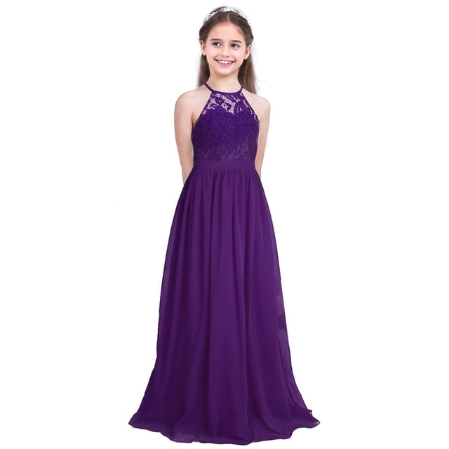 TiaoBug Robe Longue en Chiffon à Col Halter pour Filles Juniors Soirée de Mariage Bal Robe Maxi Violet Foncé 10