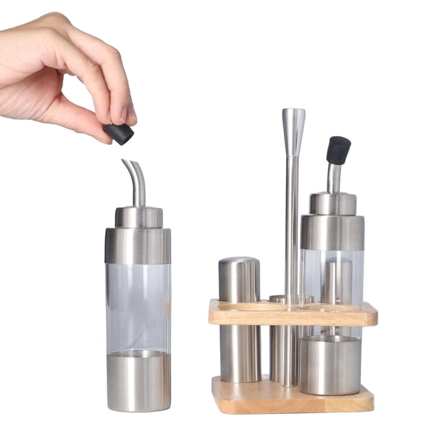 Juego De Botellas De Condimentos De Cocina Con Estante De Madera, Mesa De Cocina De Acero Inoxidable 304, Soporte Para Botellas De Condimentos Para Aceite, Sal, Salsa De Soja