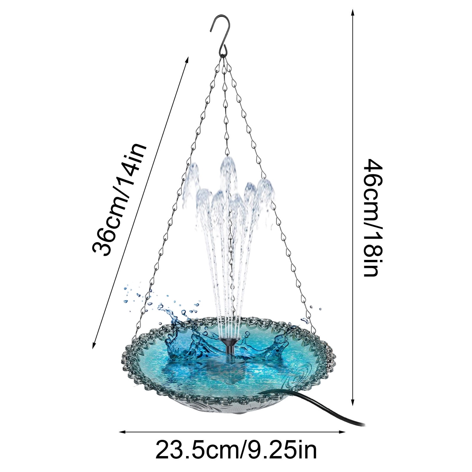 Coollooc Solar Powered Hanging Feeder Birdbath, 9x18 Inch Outdoor Hanging Bird Bath with Solar Fountain, Large Humming Birds Baths Fountains, with Solars Pump & Glass Bowl, for Gardens(1-Gray)