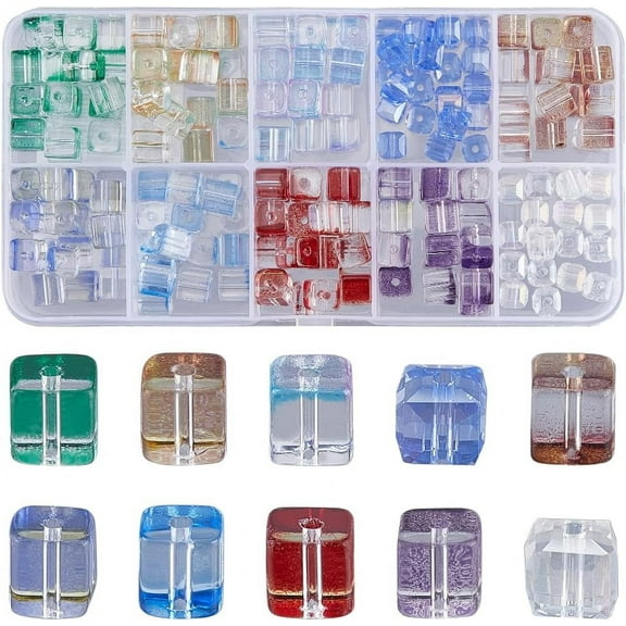 1 Box 220Pcs 10 Colors Square Glass Bead Cube Beads Bulk 6mm Transparent Red Blue Green Faceted Sparkle Gemstone Loose Spacer Charm Bead for Bracelet Jewelry Making DIY Crafts Finding colorful