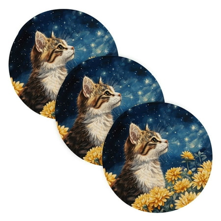 

BZSMCE Mats for Pots Pans Place Cat Among Flowers under Stars Simple Style Pattern Pot Mats