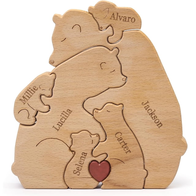 Adorno de oso de madera personalizado: escultura de oso personalizada con 2 a 8 nombres de familia, regalo de decoración del hogar para mamá, abuela, papá (6 nombres)