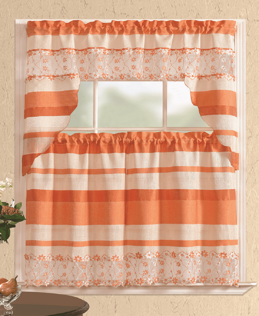 All American Collection Modern Embroidered 3pc Kitchen Curtain Set With