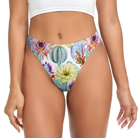 Qokaie Cactus1 Printed Women s Cotton Thong Underwear  Sexy Breathable Panties G-string-Large