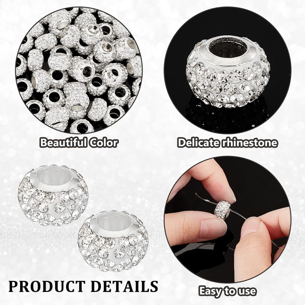 PH 100pcs European Beads Clay Beads with Rhinestones Large Hole Spacer Beads Lucky Beads for Bracelet Jewelry Making Big Hole Polymer Craft Beads for Beaded Pens 11x8mm Hole: 5mm colorful