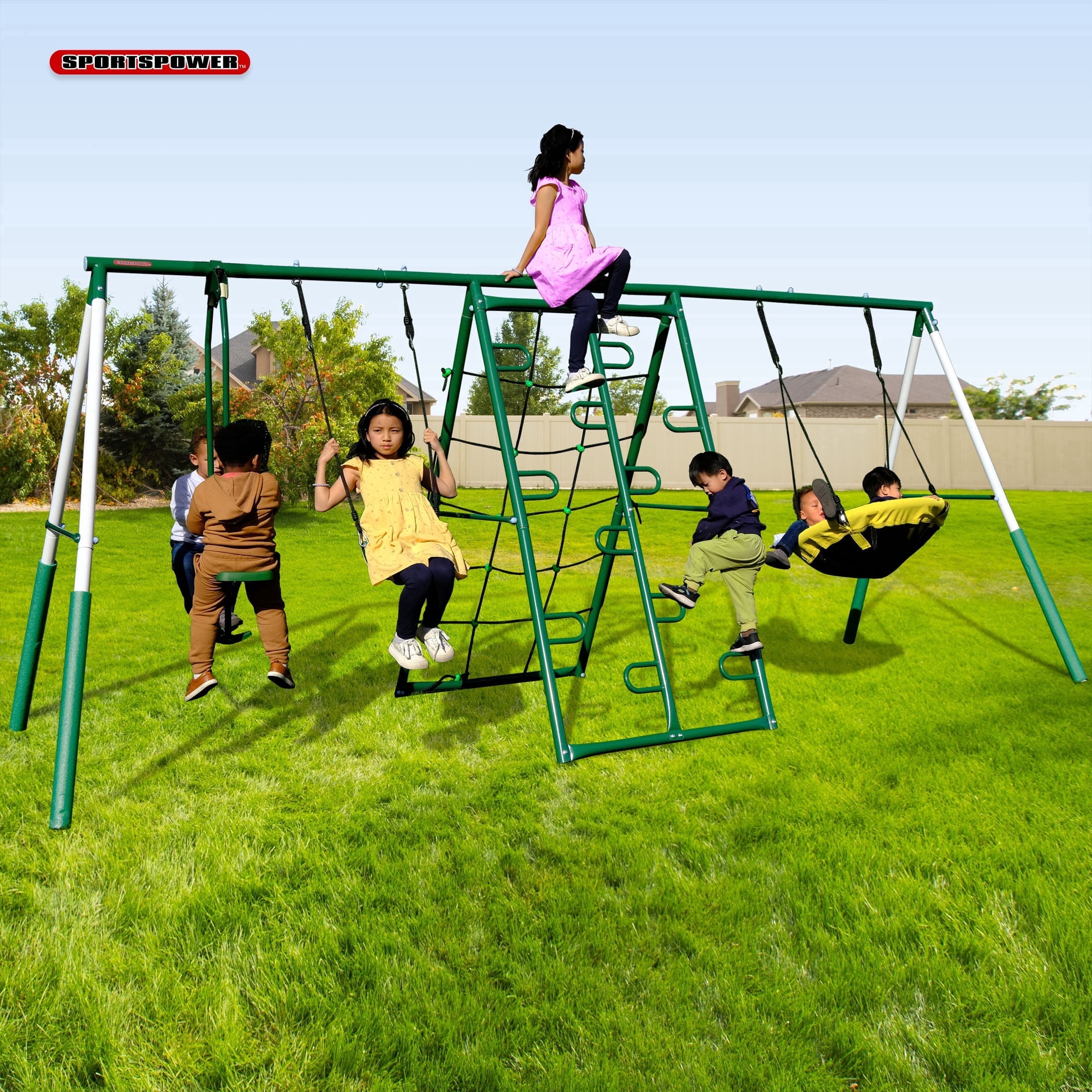 Sportspower Super Fun 8-Station Metal Swing Set with 6' Slide