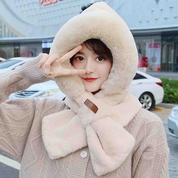 Womens Winter Warm Hoodie Hat, 3 in 1 Soft Thick One-Piece Plush Hat Scarf Windproof Ear Face Protection Hat for Outdoor