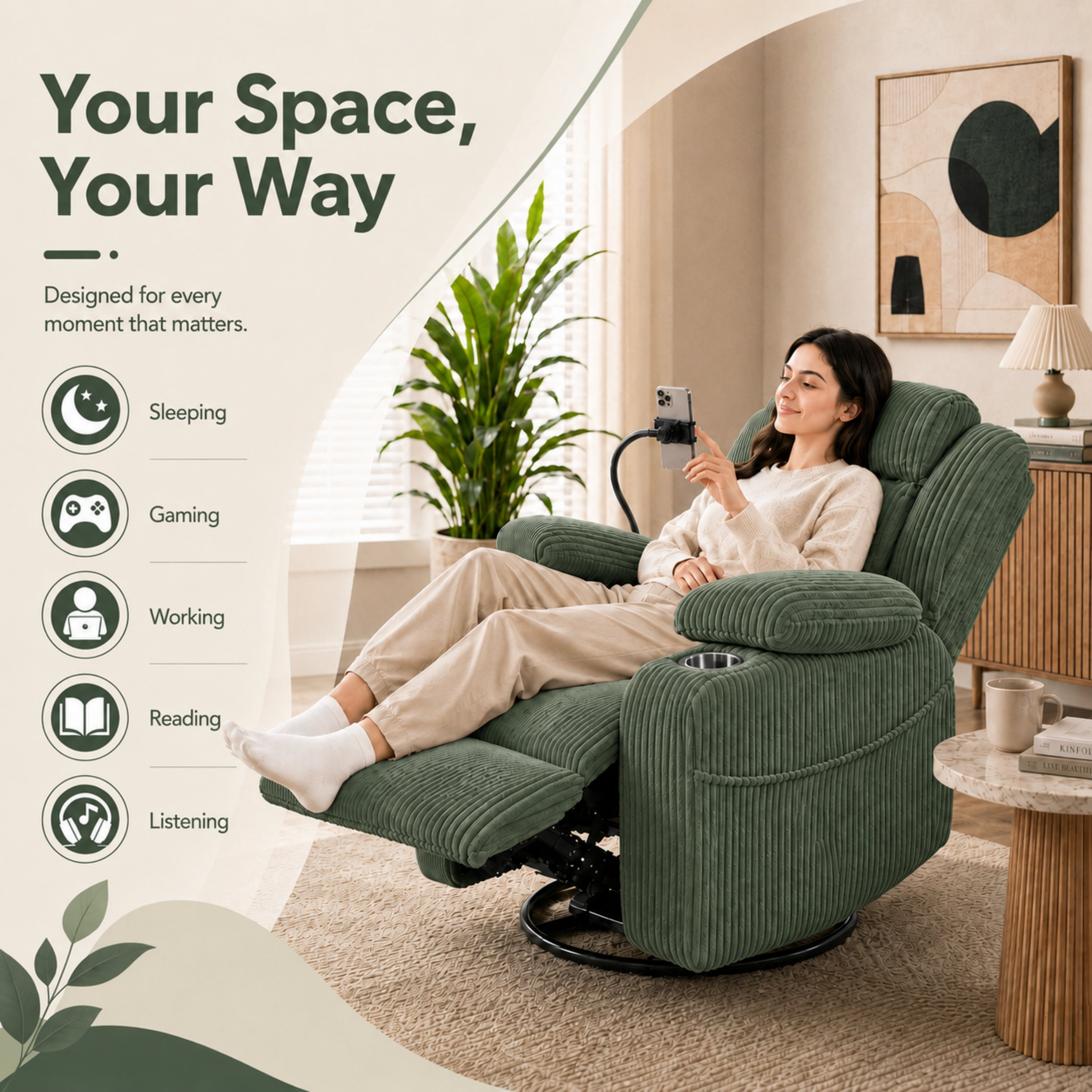 Mintazer Electric Power Recliner Chair with Heat & Massage, 270°Swivel Rocker Recliner with Phone Holder & USB and Hidden Storage for Living Room, Green