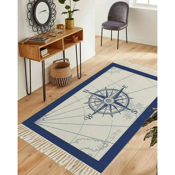 Nautical Compass Area Rug 3x5ft Woven Runner Rug,Navy Blue Maps Tropical Palm Tree Washable Living Room Hallway Bedroom Kitchen Carpet with Tassels,Indoor Outdoor Throw Door Mat for Entryway
