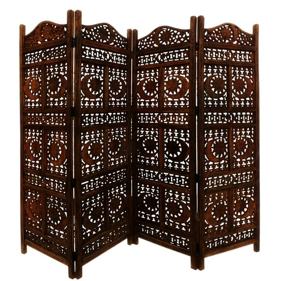 Maykoosh Classic Charm Hand Carved Sun And Moon Design Foldable 4 Panel Wooden Room Divider, Brown, 80"L X 1"W X 71"H.