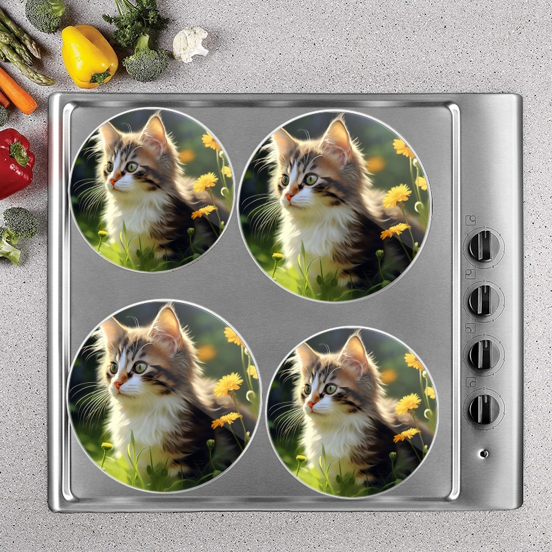 BaHomeck Electric Stove Burner Covers Set of 4,Round Metal Gas Stove Burner Covers 8 Inch and 10 Inch,Kitchen Decor,Fluffy Cat With Long Fur And Striking Green Eyes
