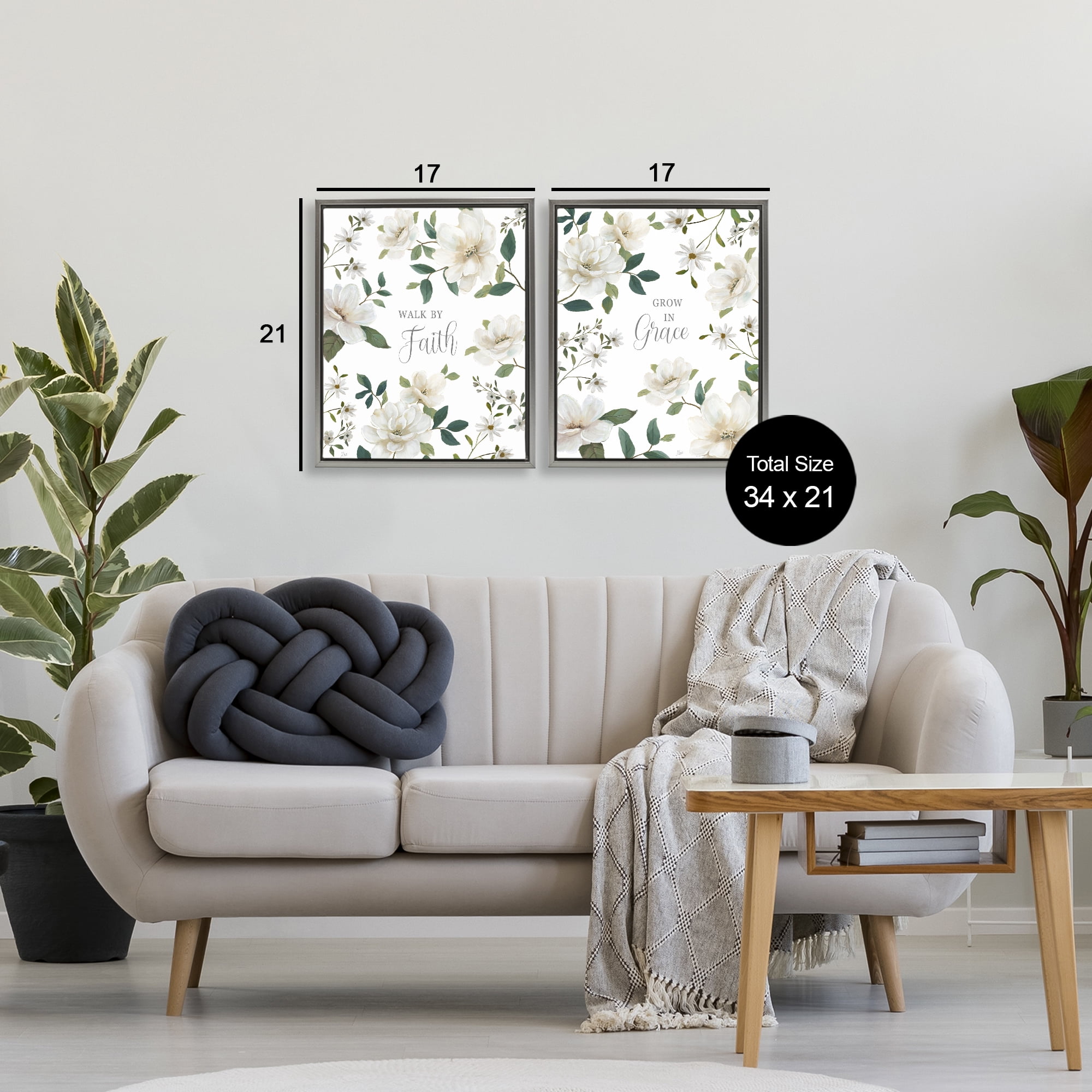 Stupell Industries Spiritual Faith Sayings with Florals 2 Piece Gray Framed Floater Canvas Set, design by Nan
