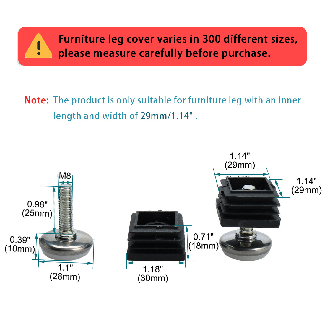 M8 Leveling Feet Square Tube Inserts Furniture Leveler 4 Set