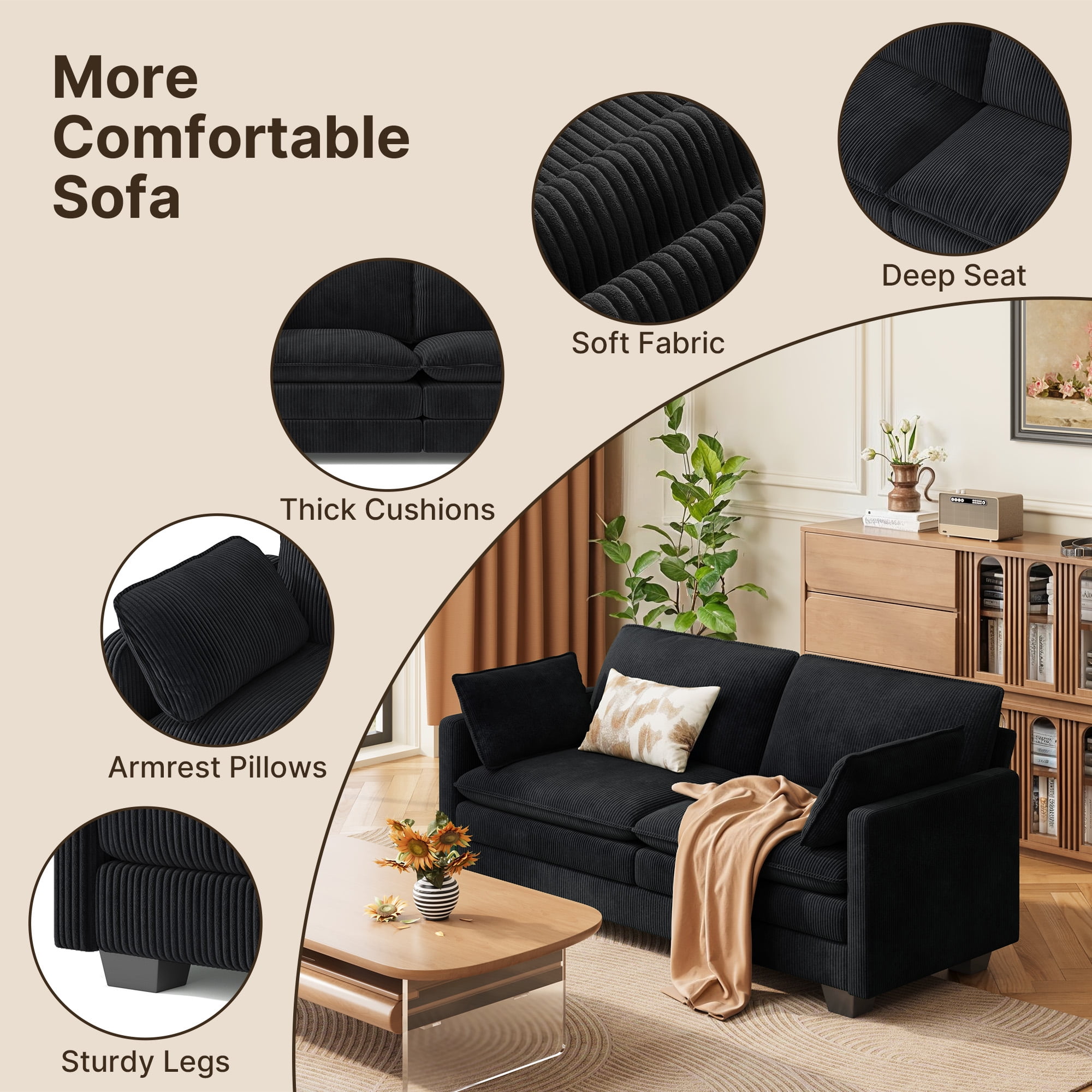 Noelse 75” Cloud Loveseat with Comfy Double Layer Upholstered Cushion, 2 Seater Modern Overstuffed Love seat Couch with Removable and Washable Corduroy Fabric for Living Room or Small Places, Black