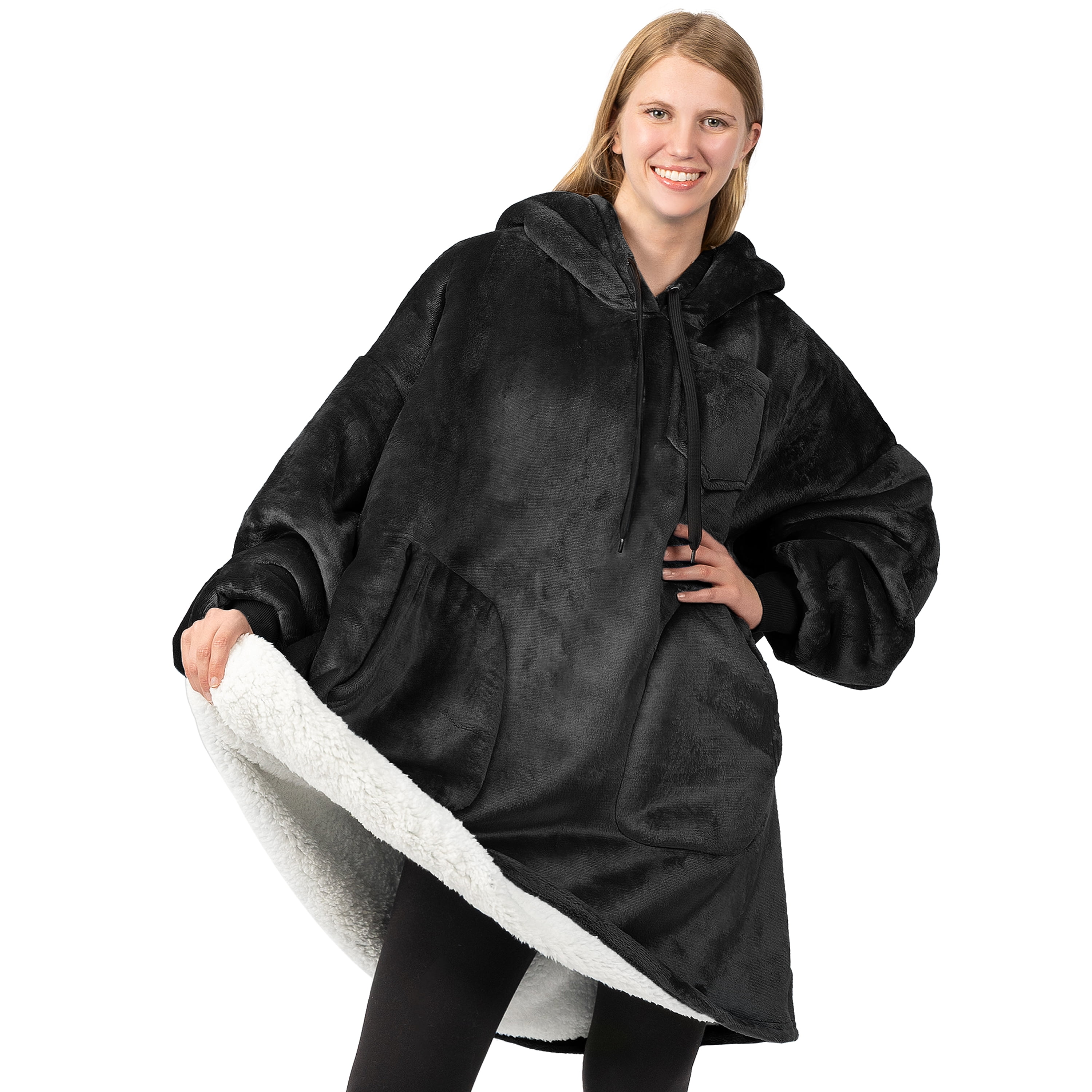 PAVILIA Blanket Hoodie for Women Black, Sherpa Wearable Blanket Men, Cozy Oversized Sweatshirt Blanket, Warm Fleece Hooded Blanket Sweater with Sleeves and Two Big Pocket, Black