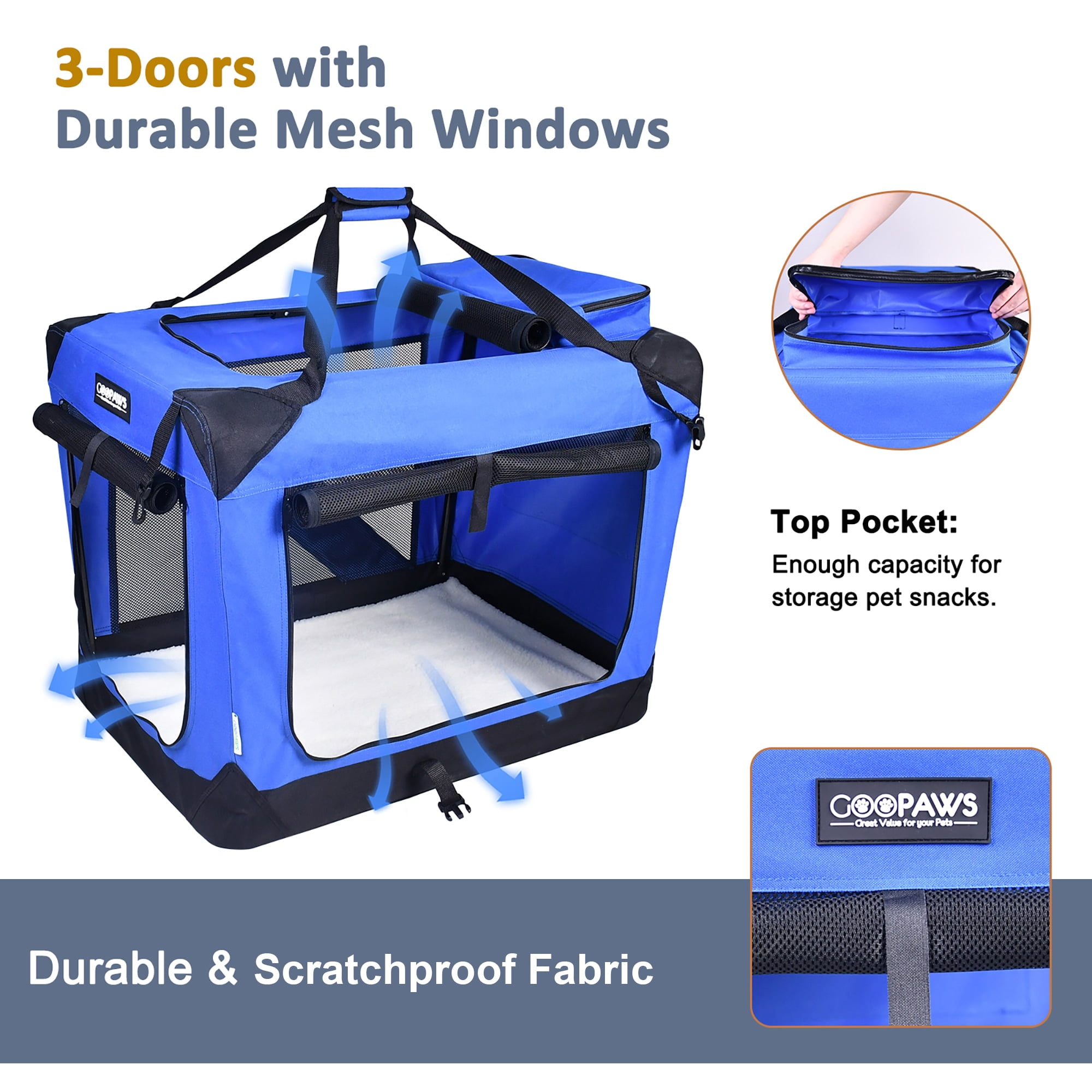 JESPET: 30" Soft Pet Crate - Blue - Dogs & Cats Up to 50 lbs, 3 Door Folding Kennel, Indoor Outdoor Travel Carrier, Mesh Windows, Fleece Mat, GooPaws