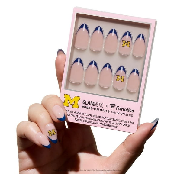 Glamnetic x Fanatics Press On Nails - Michigan Wolverines | Short Almond Fake Nails, NCAA Wolverines Blue French Tips, College Nails, Salon-Quality | 15 Sizes - 30 Nail Kit with Glue