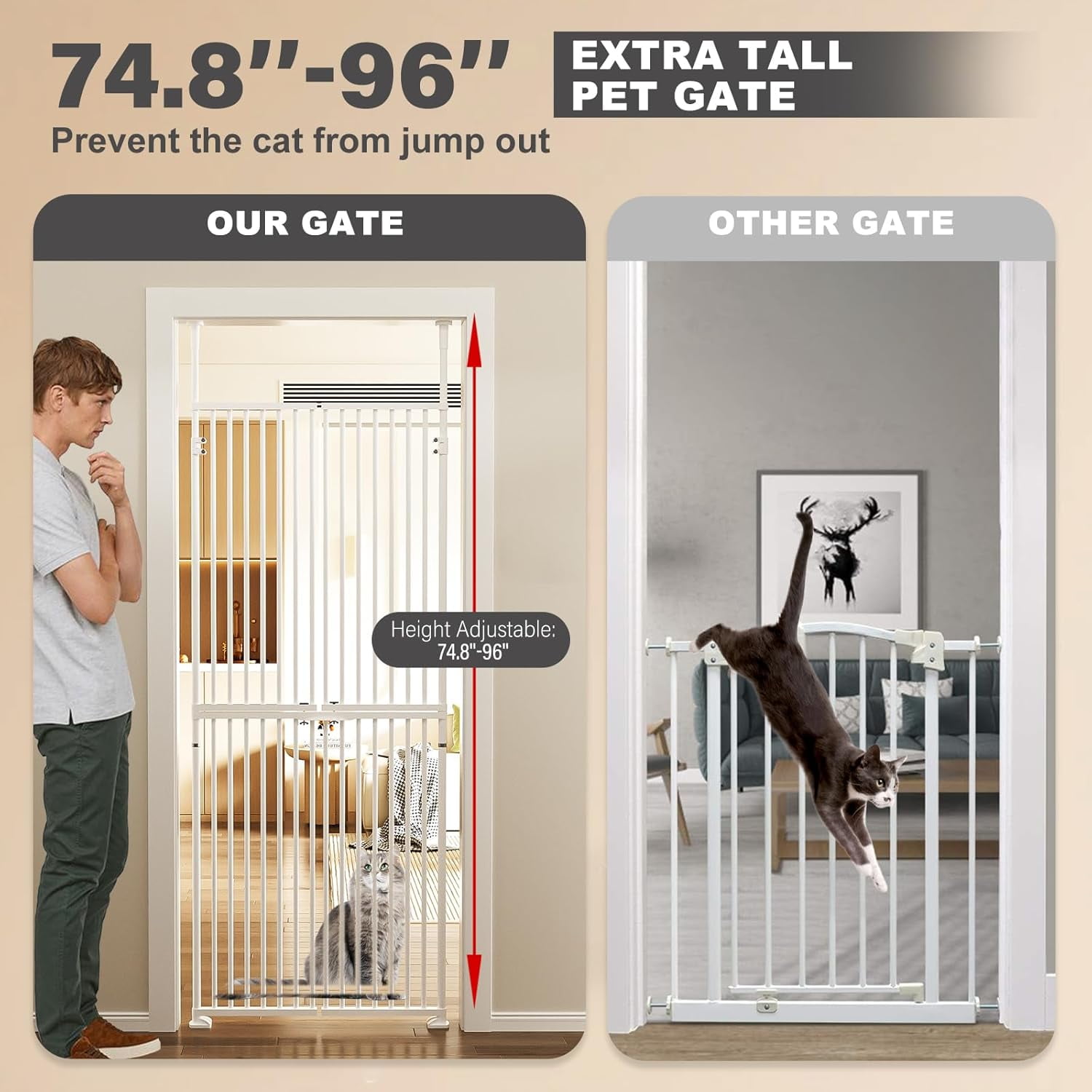 Slsy 75 Inch Extra Tall Cat Pet Gate, Adjustable 33.4"-35.8" Wide, No Drilling Pressure Mounted, Walk Through Swing Safety Gate for Pets, Double Door for Doorways, Stairs, Kitchen, House