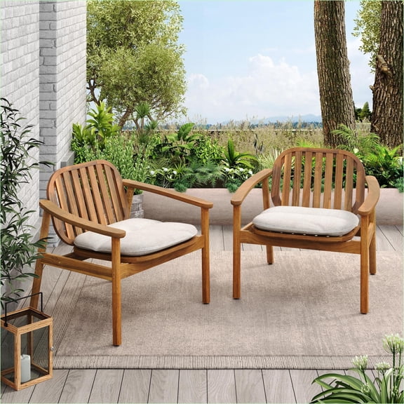 Outdoor Club Chairs Set of 2 | Modern for Patio Garden | Beige Removable Cushion | Acacia Wood,Fabric | Slat Back